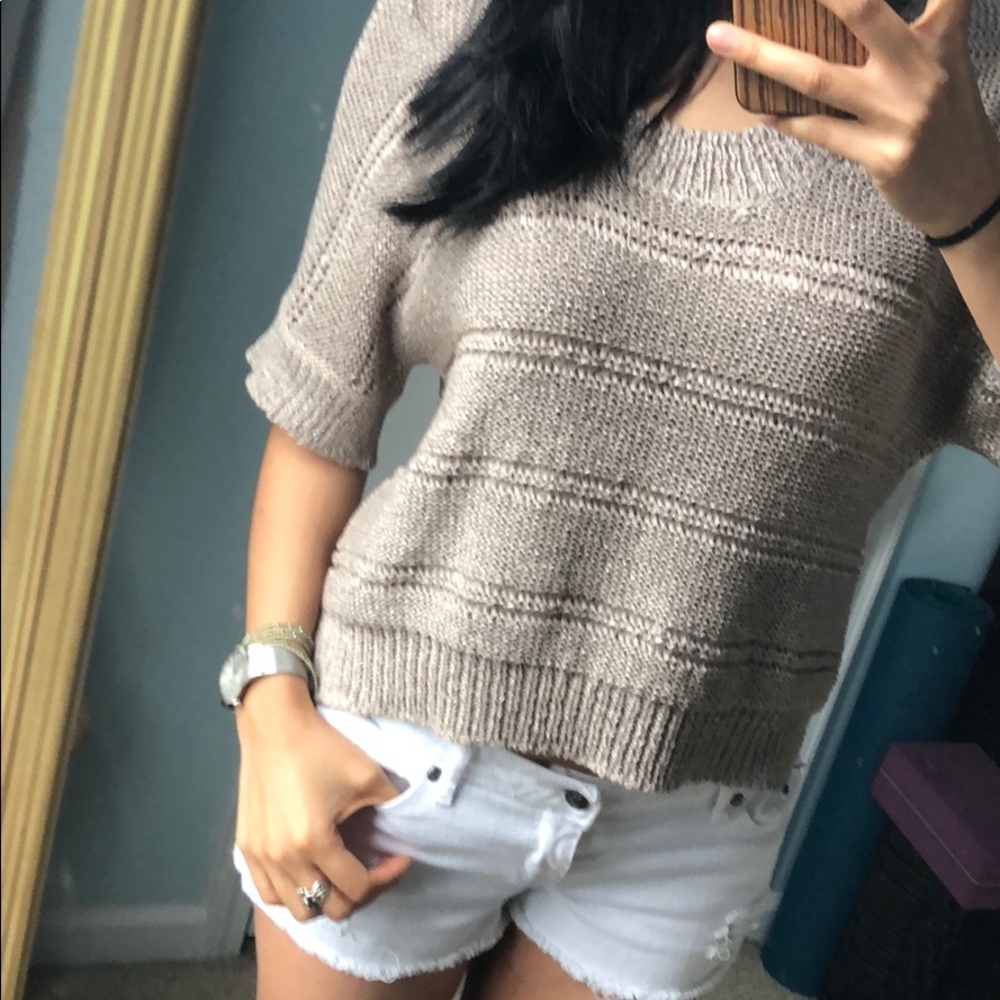 BCBGMaxAzria Metallic Beige Hi-Lo Crop Knit Sweater S